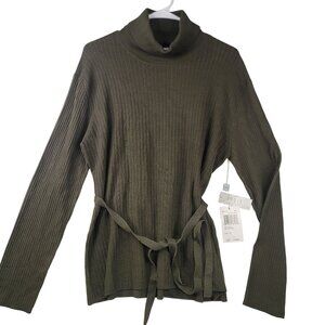 August Silk Logic Ribbed Belted Turtleneck Sweater XL Olive Green Silk/Nylon New
